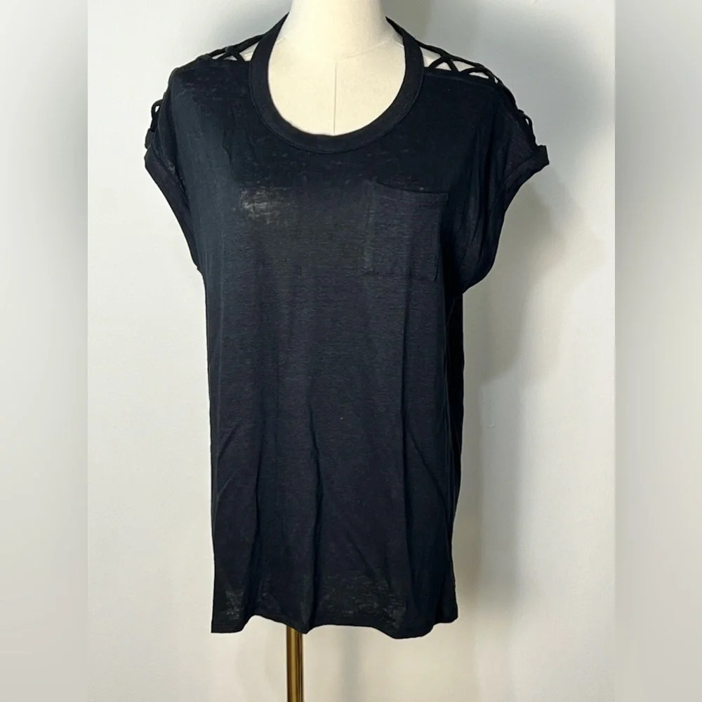 Chaser Linen Jersey Cap Sleeve Strappy Shoulder Vent Hi-Lo Pocket Tee Size M NWT